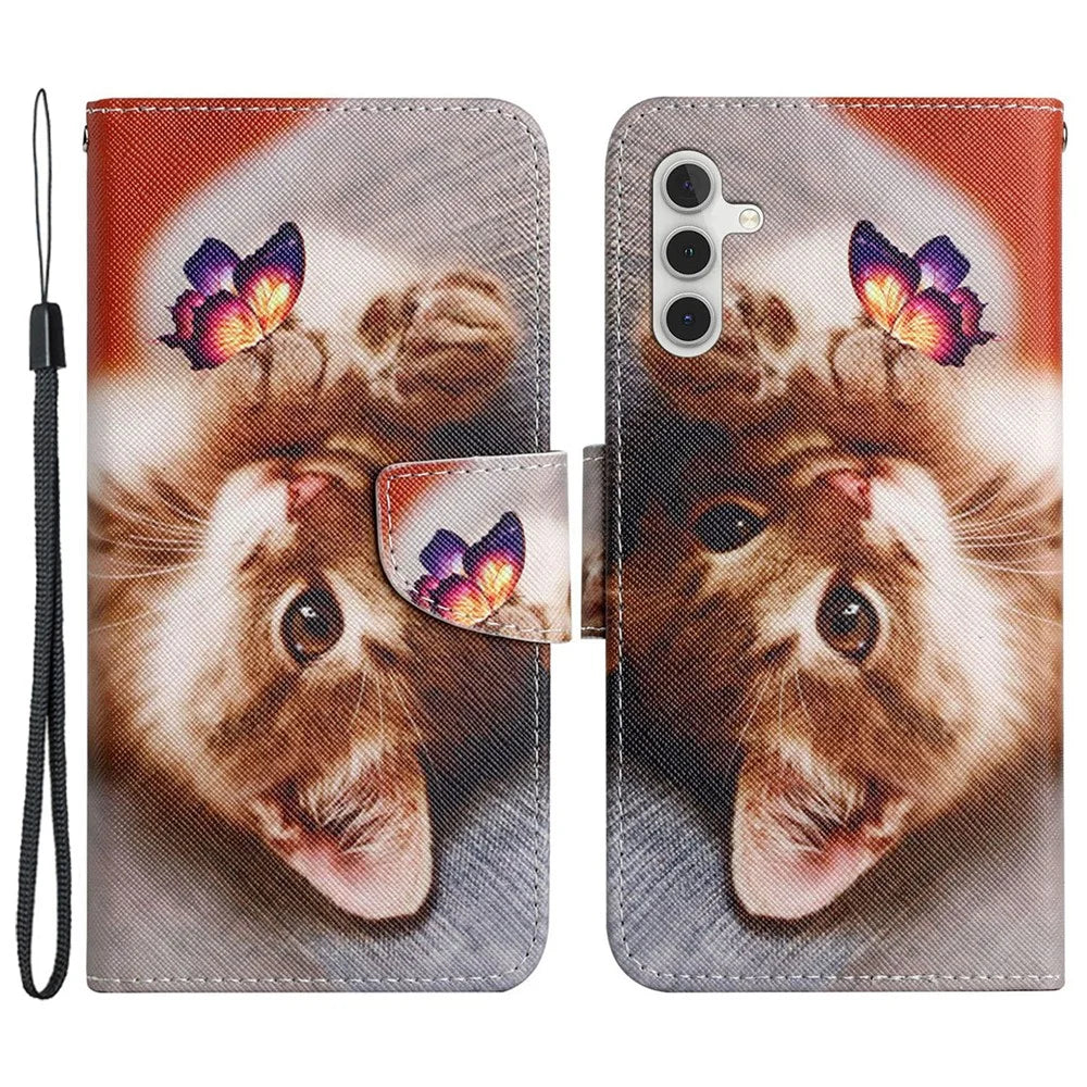 Leather Phone Case for Samsung Galaxy A05s 4G Pattern Print Design Flip Cover - Butterfly / Cat - 1