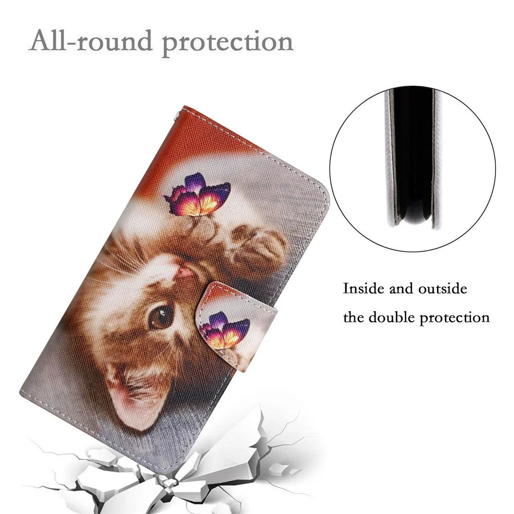 Leather Phone Case for Samsung Galaxy A05s 4G Pattern Print Design Flip Cover - Butterfly / Cat - 5