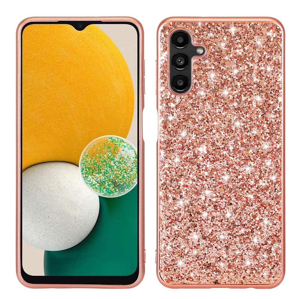 For Samsung Galaxy A15 5G Case Glitter Electroplated TPU Frame PC Back Cover - Rose Gold - 1