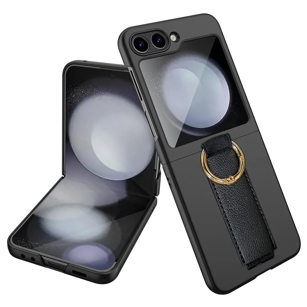 For Samsung Galaxy Z Flip5 5G Ring Holder Case Hard PC Phone Cover with Small Screen Protector - Black - 1