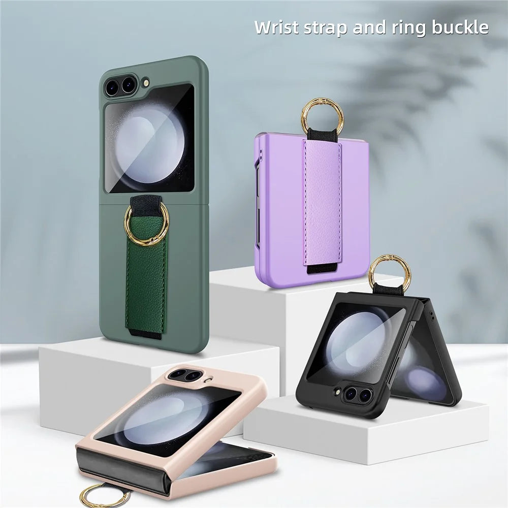 For Samsung Galaxy Z Flip5 5G Ring Holder Case Hard PC Phone Cover with Small Screen Protector - Black - 2