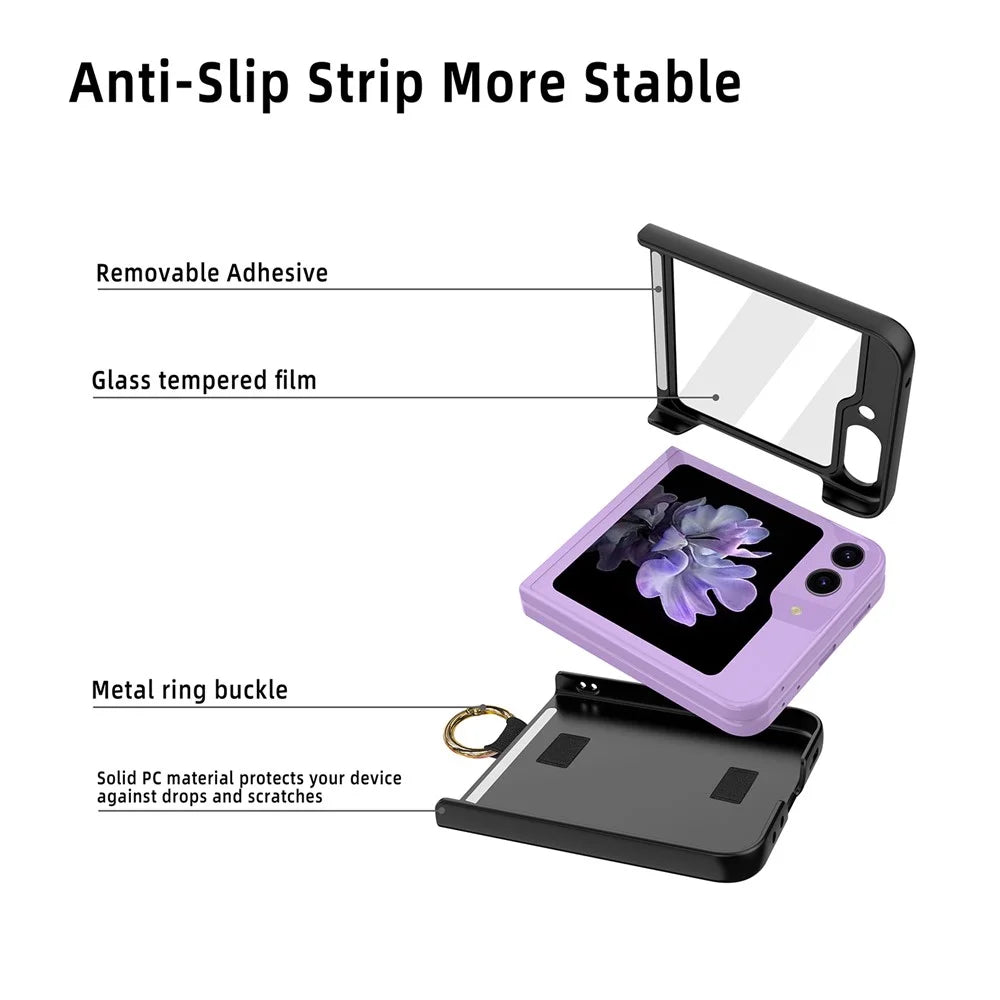 For Samsung Galaxy Z Flip5 5G Ring Holder Case Hard PC Phone Cover with Small Screen Protector - Black - 3