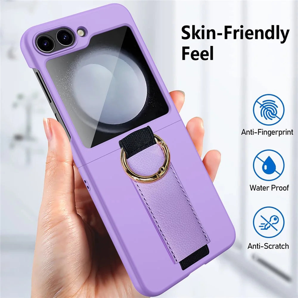 For Samsung Galaxy Z Flip5 5G Ring Holder Case Hard PC Phone Cover with Small Screen Protector - Black - 5