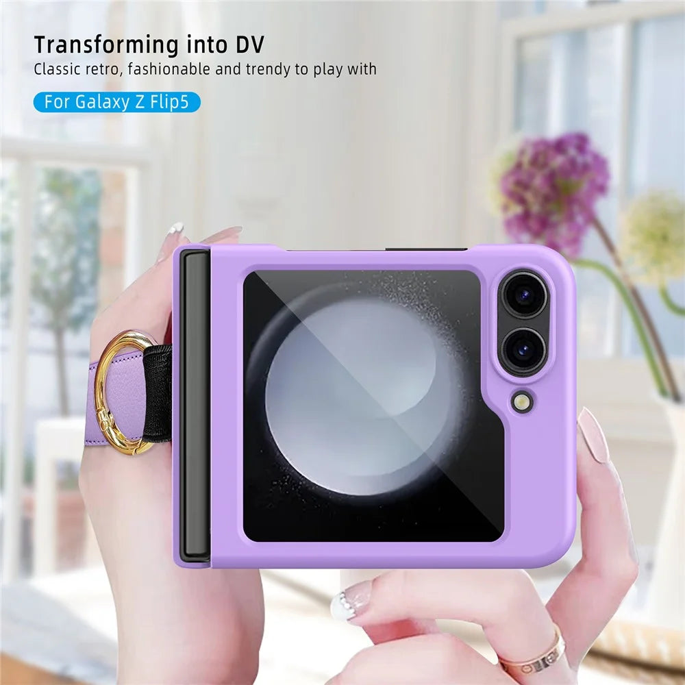 For Samsung Galaxy Z Flip5 5G Ring Holder Case Hard PC Phone Cover with Small Screen Protector - Black - 6