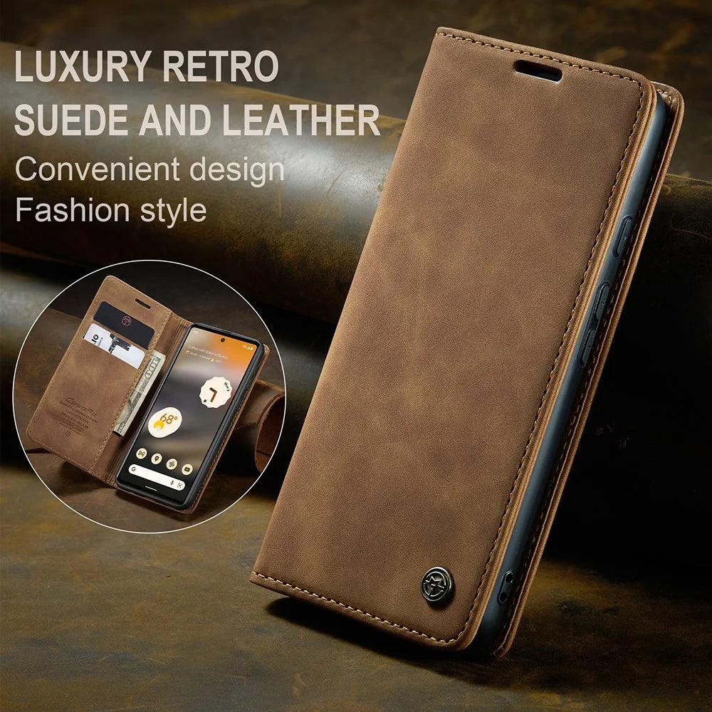 CASEME 013 Series For Google Pixel 6a Case PU Leather Flip Stand Phone Protector - Brown - 5