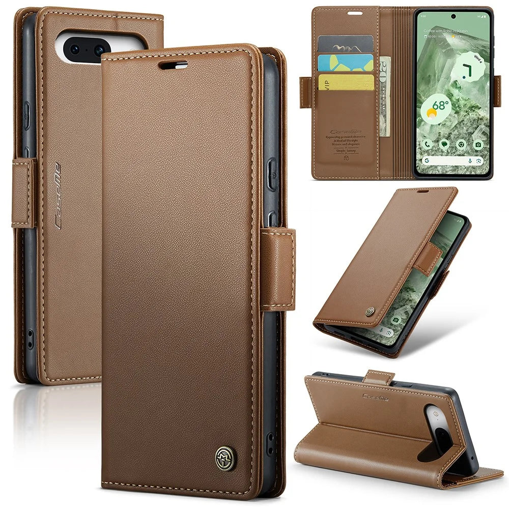 For Google Pixel 8a Leather Case CASEME 023 RFID Blocking 3 Card Slot Mobile Cover - Brown - 1