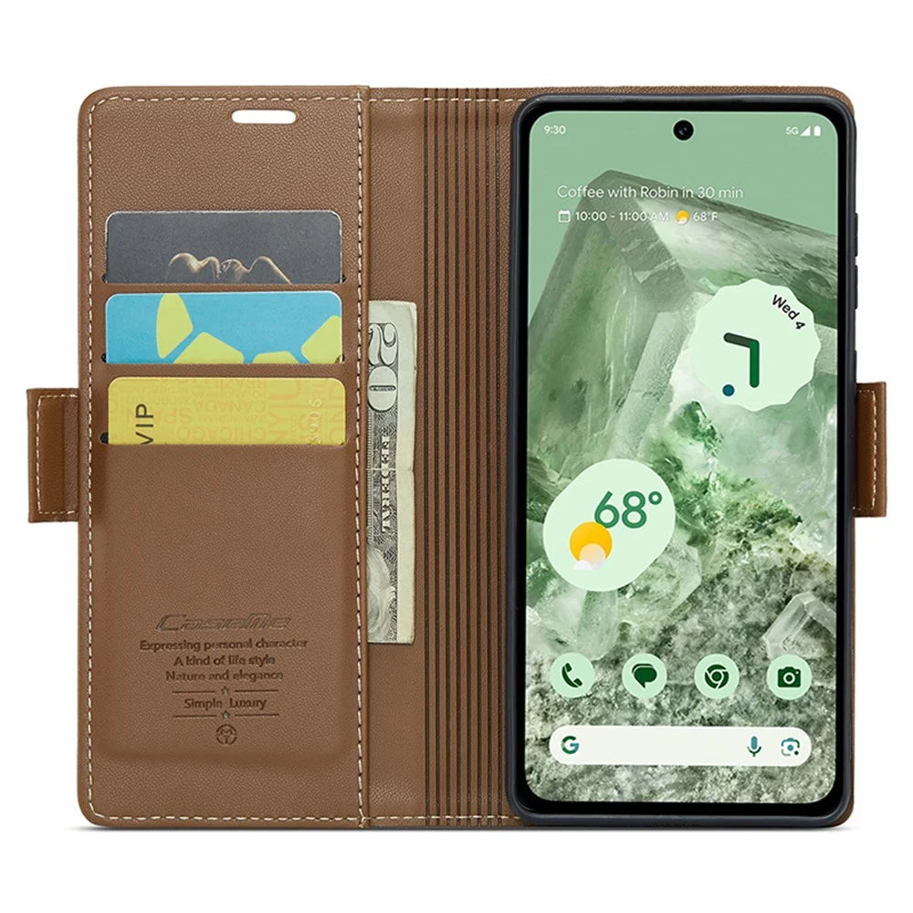 For Google Pixel 8a Leather Case CASEME 023 RFID Blocking 3 Card Slot Mobile Cover - Brown - 2