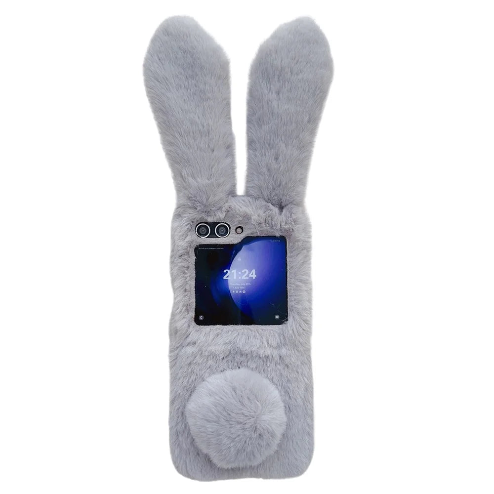 For Samsung Galaxy Z Flip5 5G Cell Phone Case Furry Cute 3D Bunny Ears Soft TPU Protective Shell - Light Grey - 1
