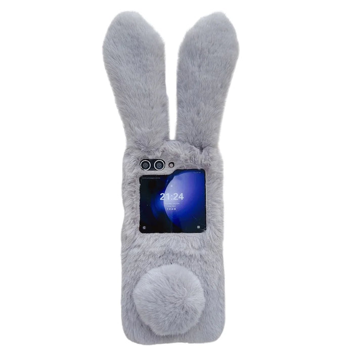 For Samsung Galaxy Z Flip5 5G Cell Phone Case Furry Cute 3D Bunny Ears Soft TPU Protective Shell - Light Grey - 1