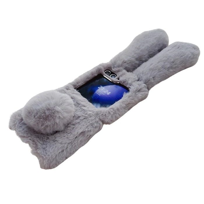 For Samsung Galaxy Z Flip5 5G Cell Phone Case Furry Cute 3D Bunny Ears Soft TPU Protective Shell - Light Grey - 3