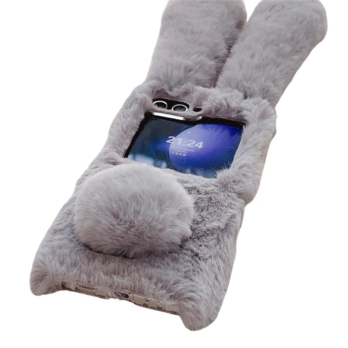 For Samsung Galaxy Z Flip5 5G Cell Phone Case Furry Cute 3D Bunny Ears Soft TPU Protective Shell - Light Grey - 4