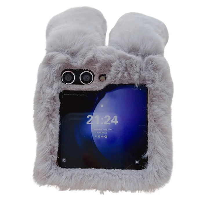 For Samsung Galaxy Z Flip5 5G Cell Phone Case Furry Cute 3D Bunny Ears Soft TPU Protective Shell - Light Grey - 6