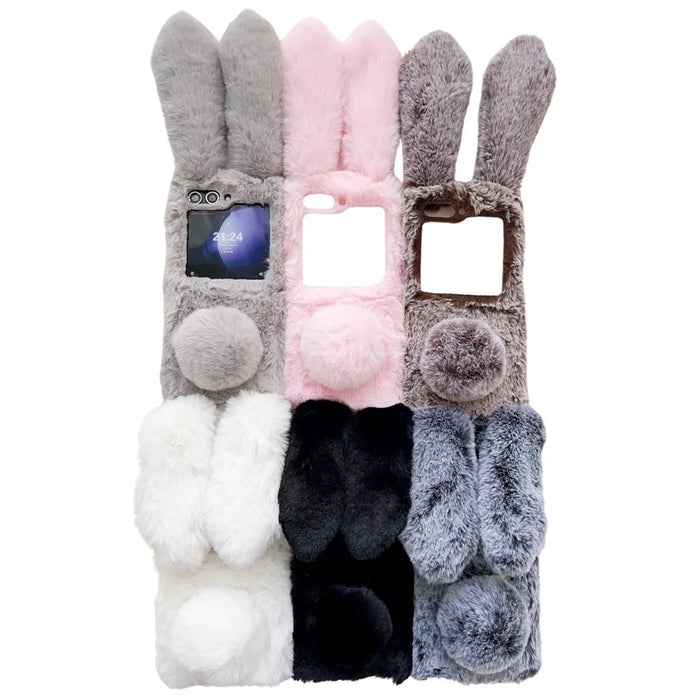 For Samsung Galaxy Z Flip5 5G Cell Phone Case Furry Cute 3D Bunny Ears Soft TPU Protective Shell - Light Grey - 7