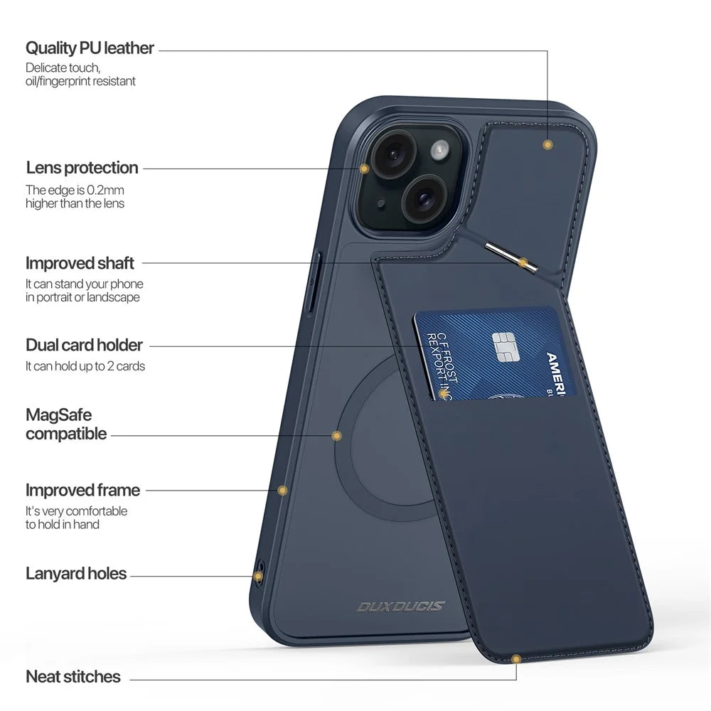 DUX DUCIS Rafi II Series for iPhone 15 Plus Kickstand Case Magnetic Phone Cover Card Holder - Blue - 2