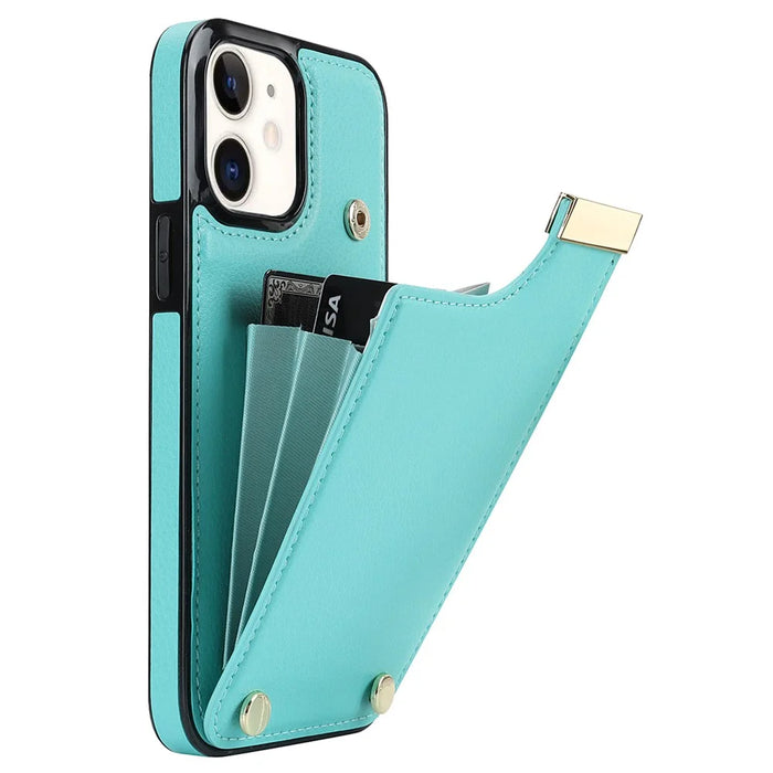For iPhone 12 / 12 Pro Cell Phone Case TPU+PU Leather+Metal Hardware Shell - Mint Green - 1