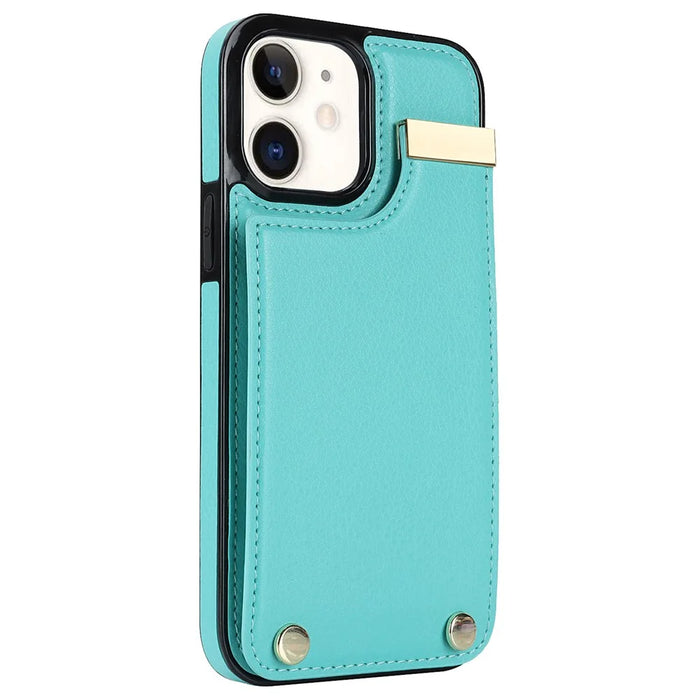 For iPhone 12 / 12 Pro Cell Phone Case TPU+PU Leather+Metal Hardware Shell - Mint Green - 3