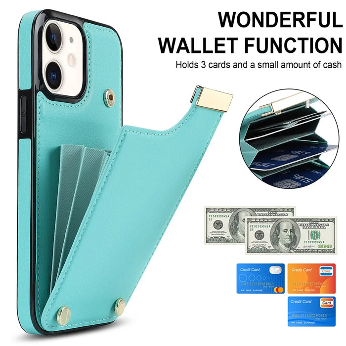 For iPhone 12 / 12 Pro Cell Phone Case TPU+PU Leather+Metal Hardware Shell - Mint Green - 5