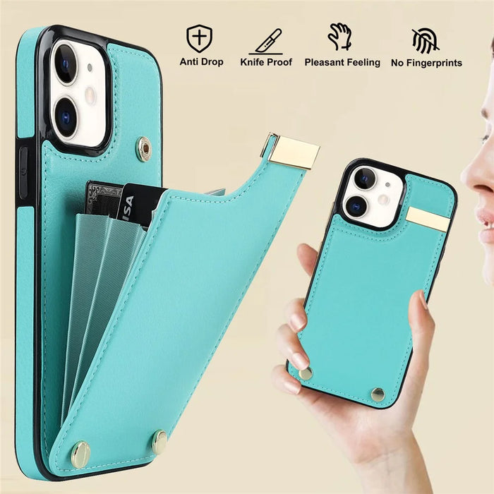 For iPhone 12 / 12 Pro Cell Phone Case TPU+PU Leather+Metal Hardware Shell - Mint Green - 7