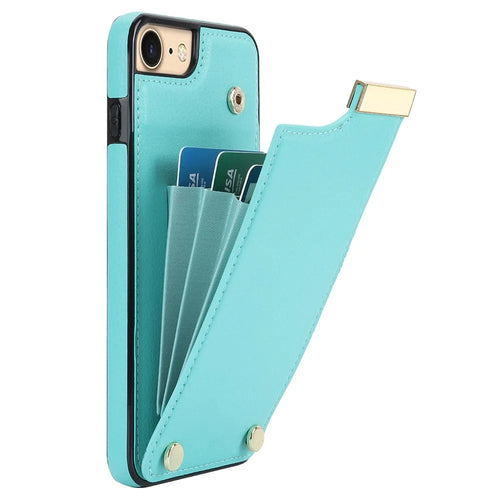 For iPhone SE (2022) / SE (2020) / iPhone 7 / 8 4.7 inch Cell Phone Case TPU+Leather Metal Decor Card Holder Cover - Mint Green - 1