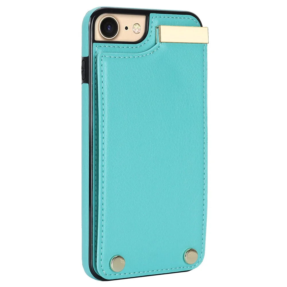 For iPhone SE (2022) / SE (2020) / iPhone 7 / 8 4.7 inch Cell Phone Case TPU+Leather Metal Decor Card Holder Cover - Mint Green - 3