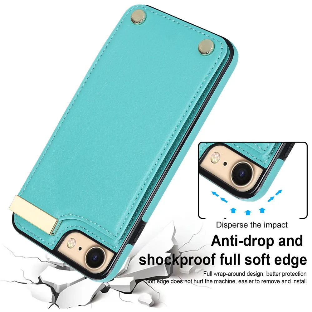 For iPhone SE (2022) / SE (2020) / iPhone 7 / 8 4.7 inch Cell Phone Case TPU+Leather Metal Decor Card Holder Cover - Mint Green - 4