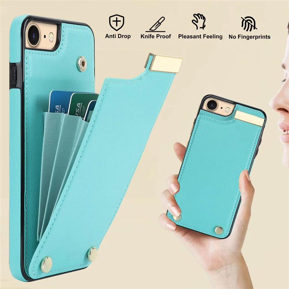 For iPhone SE (2022) / SE (2020) / iPhone 7 / 8 4.7 inch Cell Phone Case TPU+Leather Metal Decor Card Holder Cover - Mint Green - 5