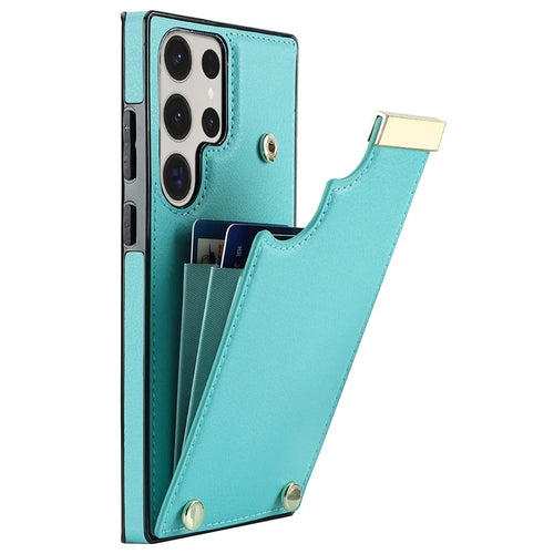 For Samsung Galaxy S23 Ultra Cell Phone Case TPU+PU Leather Hardware Decor Card Holder Back Cover - Mint Green - 1