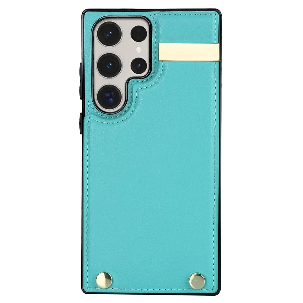 For Samsung Galaxy S23 Ultra Cell Phone Case TPU+PU Leather Hardware Decor Card Holder Back Cover - Mint Green - 2