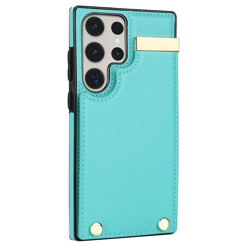 For Samsung Galaxy S23 Ultra Cell Phone Case TPU+PU Leather Hardware Decor Card Holder Back Cover - Mint Green - 3