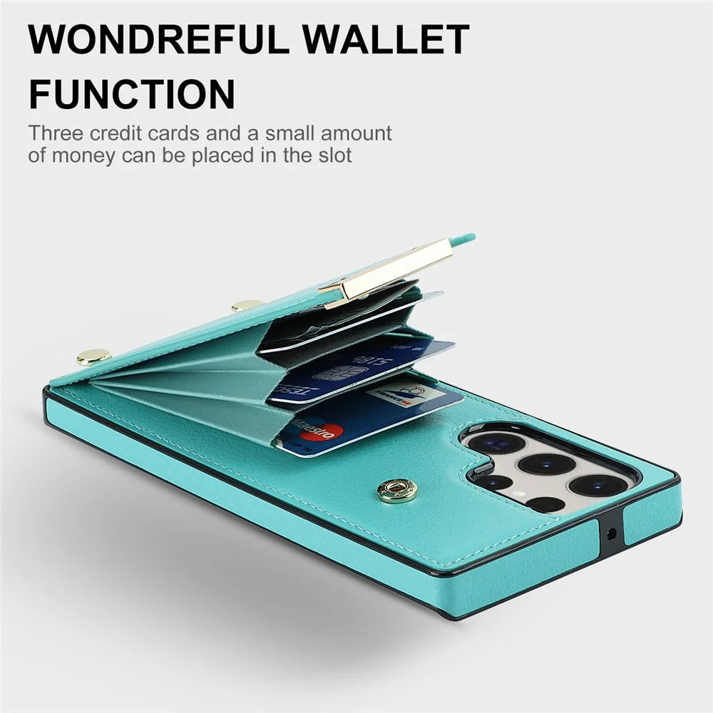 For Samsung Galaxy S23 Ultra Cell Phone Case TPU+PU Leather Hardware Decor Card Holder Back Cover - Mint Green - 4