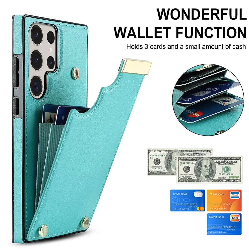 For Samsung Galaxy S23 Ultra Cell Phone Case TPU+PU Leather Hardware Decor Card Holder Back Cover - Mint Green - 5