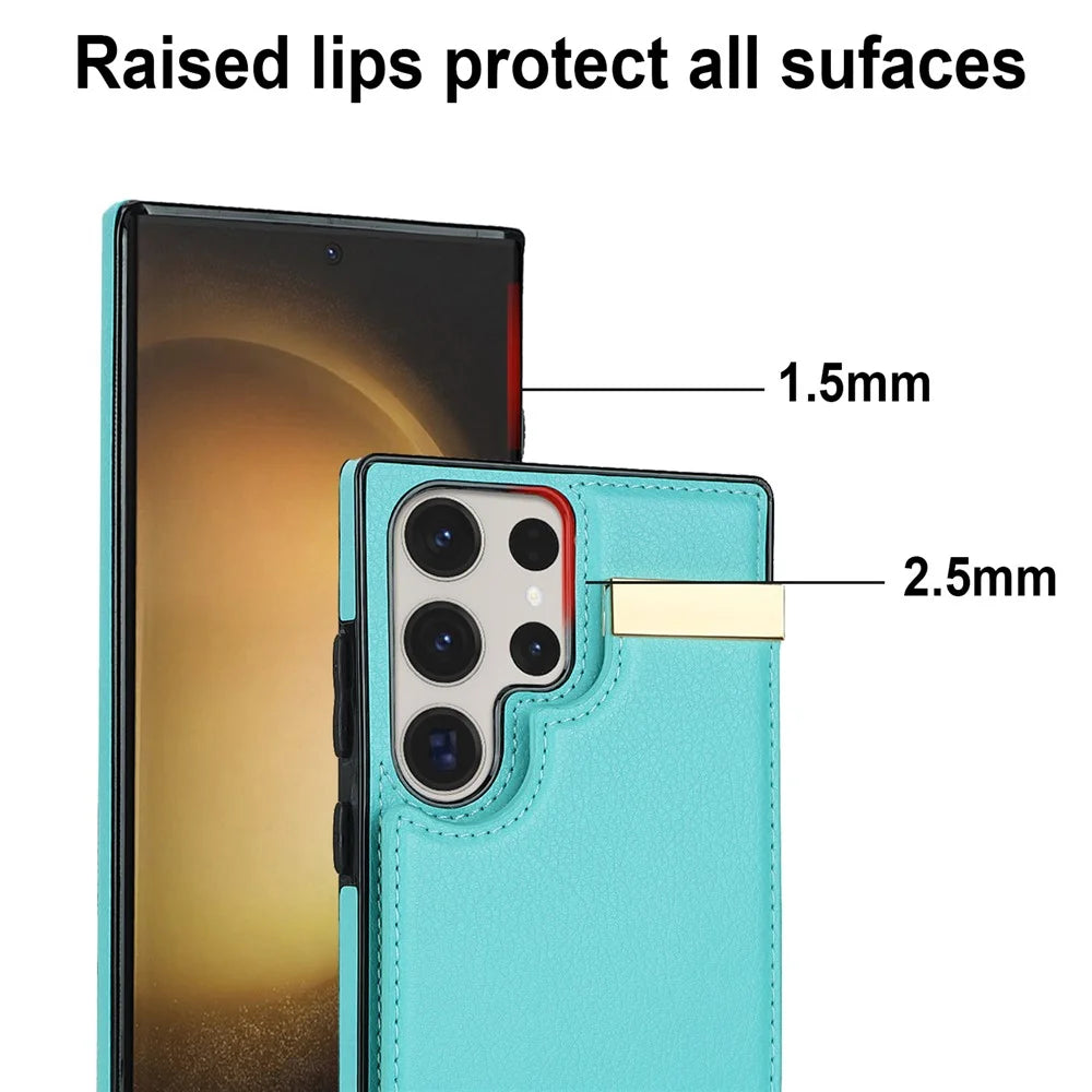 For Samsung Galaxy S23 Ultra Cell Phone Case TPU+PU Leather Hardware Decor Card Holder Back Cover - Mint Green - 6