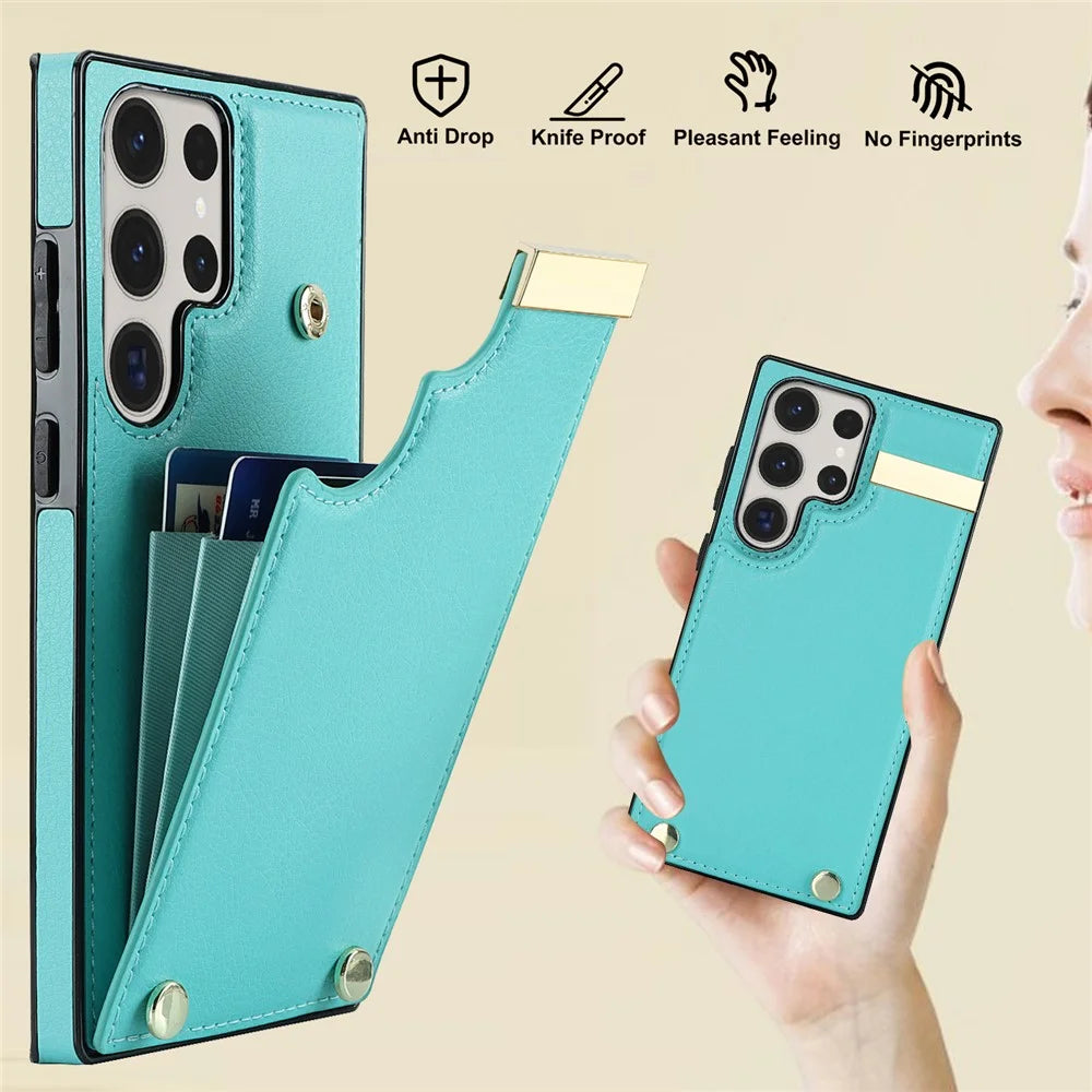For Samsung Galaxy S23 Ultra Cell Phone Case TPU+PU Leather Hardware Decor Card Holder Back Cover - Mint Green - 7