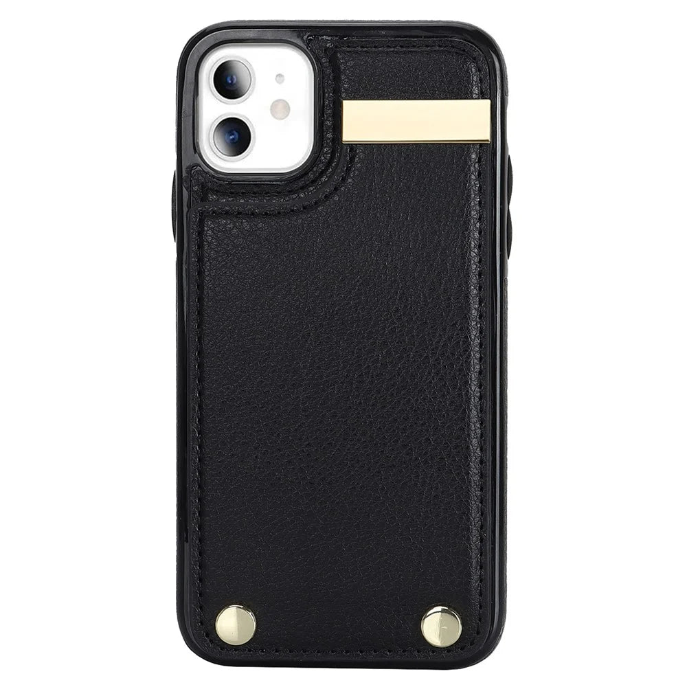 For iPhone 11 Cover TPU+PU Leather Metal Decor Shockproof Cell Phone Case with Card Holder - Black - 2