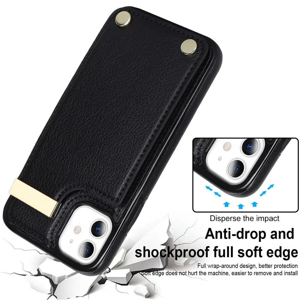 For iPhone 11 Cover TPU+PU Leather Metal Decor Shockproof Cell Phone Case with Card Holder - Black - 4
