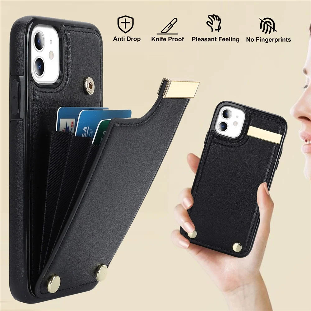 For iPhone 11 Cover TPU+PU Leather Metal Decor Shockproof Cell Phone Case with Card Holder - Black - 5