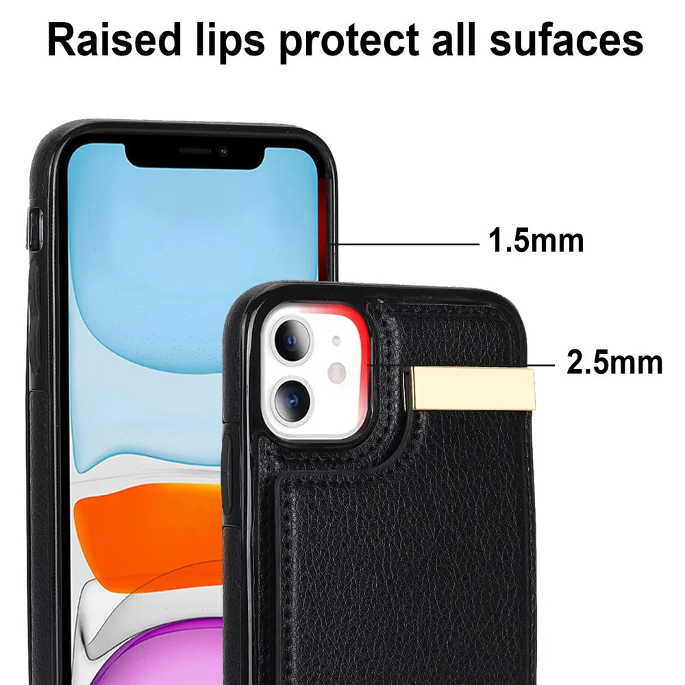 For iPhone 11 Cover TPU+PU Leather Metal Decor Shockproof Cell Phone Case with Card Holder - Black - 6