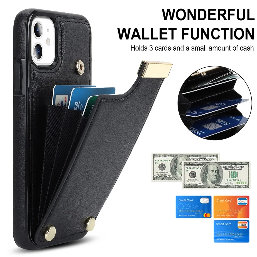 For iPhone 11 Cover TPU+PU Leather Metal Decor Shockproof Cell Phone Case with Card Holder - Black - 7