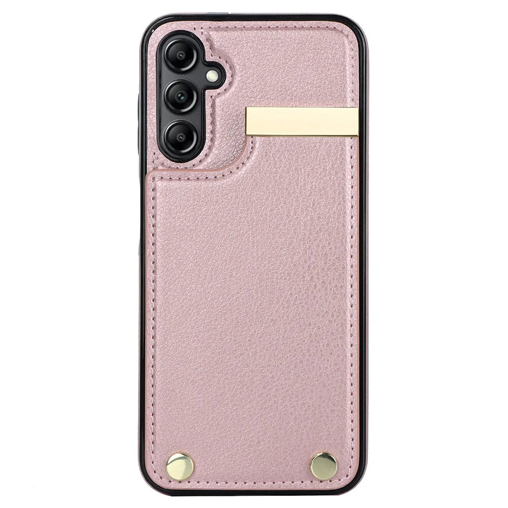 For Samsung Galaxy S24+ Cover Metal Decor TPU+PU Leather Card Holder Anti-drop Cell Phone Case - Rose Gold - 2