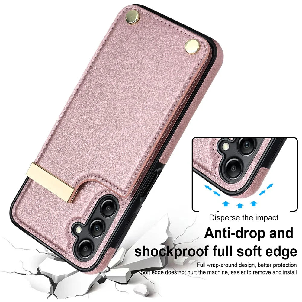 For Samsung Galaxy S24+ Cover Metal Decor TPU+PU Leather Card Holder Anti-drop Cell Phone Case - Rose Gold - 4