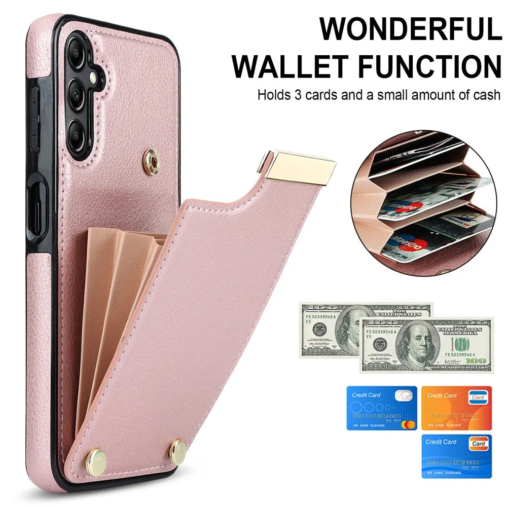 For Samsung Galaxy S24+ Cover Metal Decor TPU+PU Leather Card Holder Anti-drop Cell Phone Case - Rose Gold - 7