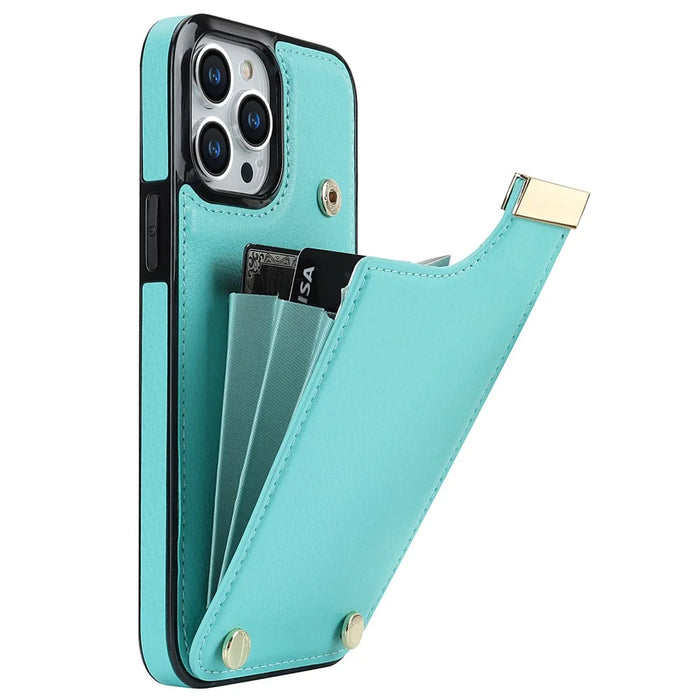 For iPhone 15 Pro Max Case TPU+PU Leather+Metal Hardware Phone Cover with Card Holder - Mint Green - 1
