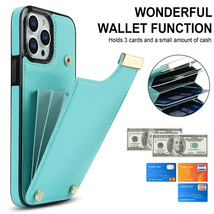 For iPhone 15 Pro Max Case TPU+PU Leather+Metal Hardware Phone Cover with Card Holder - Mint Green - 5