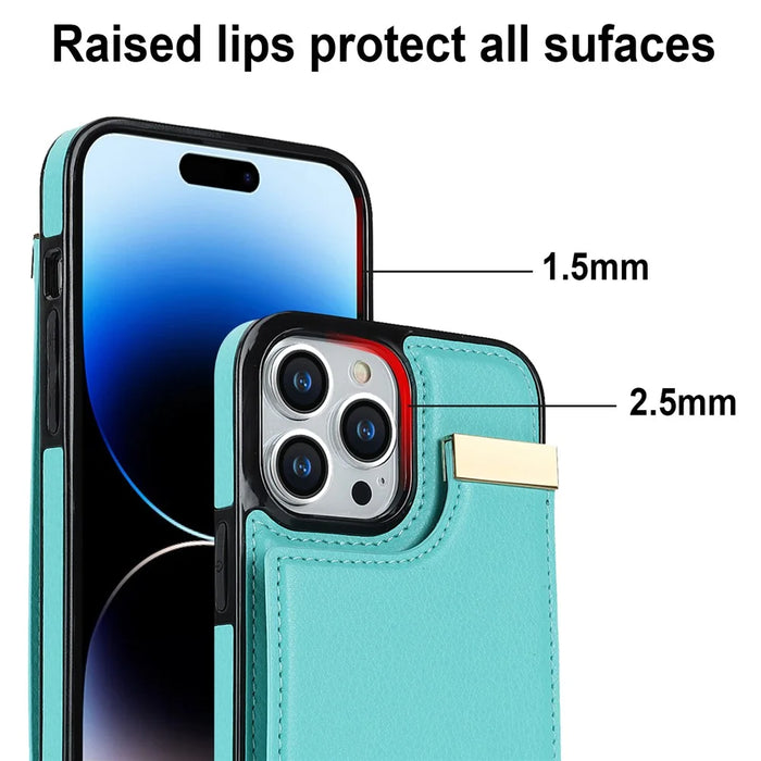 For iPhone 15 Pro Max Case TPU+PU Leather+Metal Hardware Phone Cover with Card Holder - Mint Green - 6