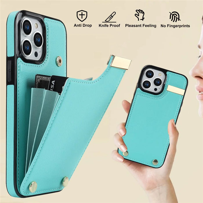 For iPhone 15 Pro Max Case TPU+PU Leather+Metal Hardware Phone Cover with Card Holder - Mint Green - 7