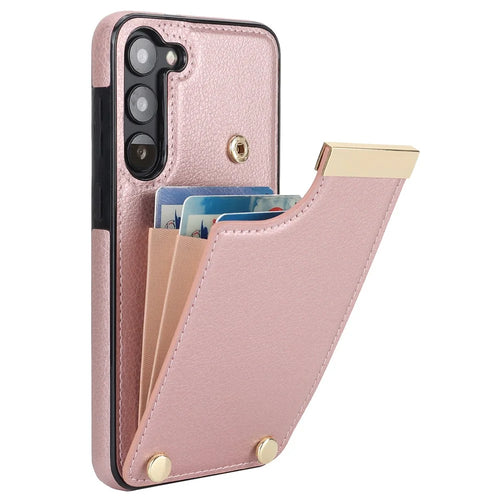 For Samsung Galaxy S23+ Cell Phone Case TPU+PU Leather Card Holder Cover with Hardware Decor - Rose Gold - 1