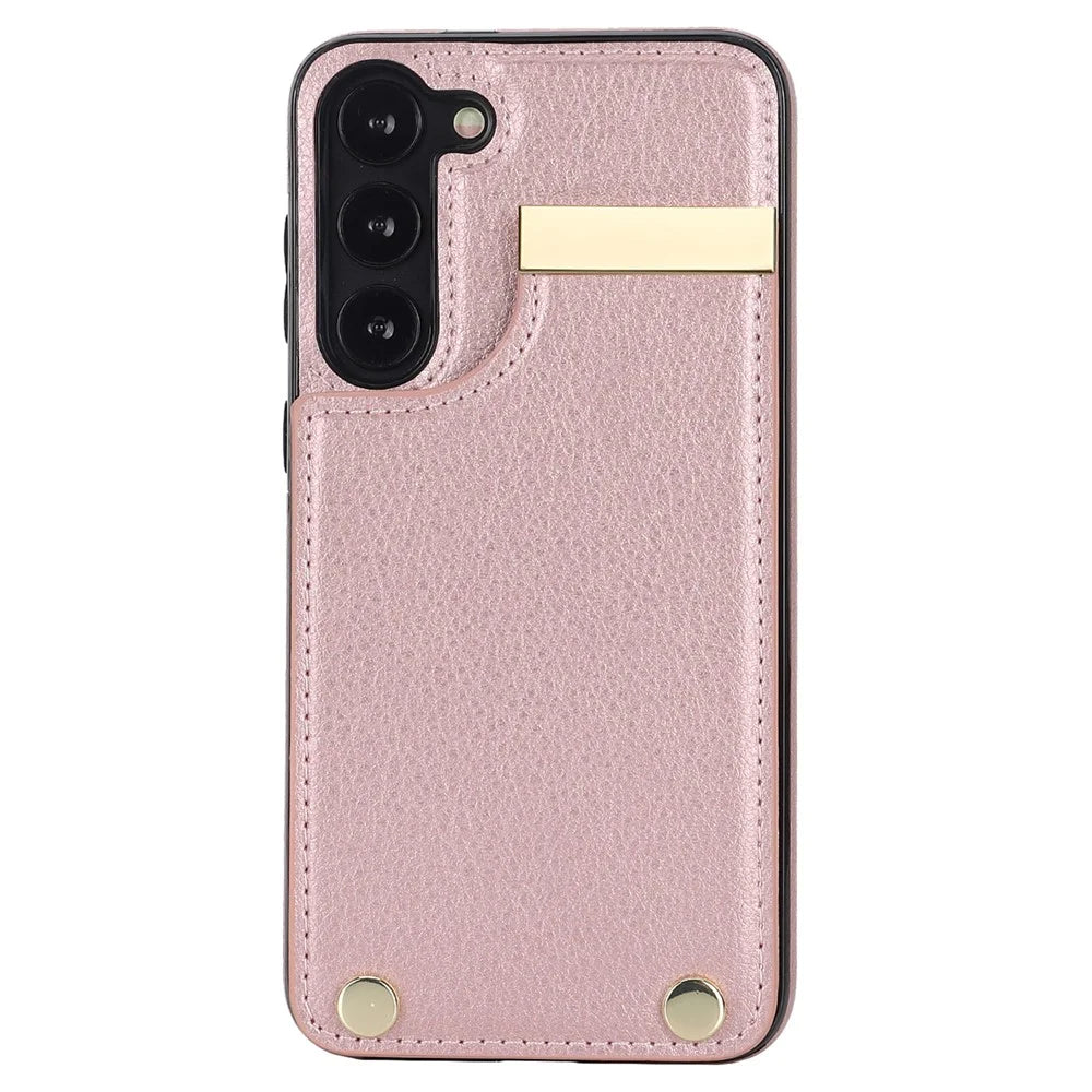 For Samsung Galaxy S23+ Cell Phone Case TPU+PU Leather Card Holder Cover with Hardware Decor - Rose Gold - 2