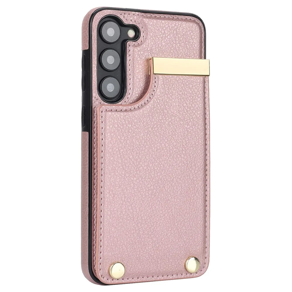 For Samsung Galaxy S23+ Cell Phone Case TPU+PU Leather Card Holder Cover with Hardware Decor - Rose Gold - 3