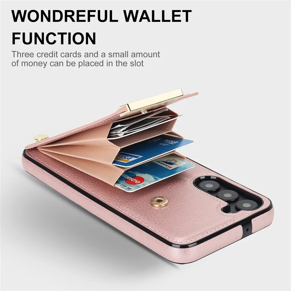 For Samsung Galaxy S23+ Cell Phone Case TPU+PU Leather Card Holder Cover with Hardware Decor - Rose Gold - 4