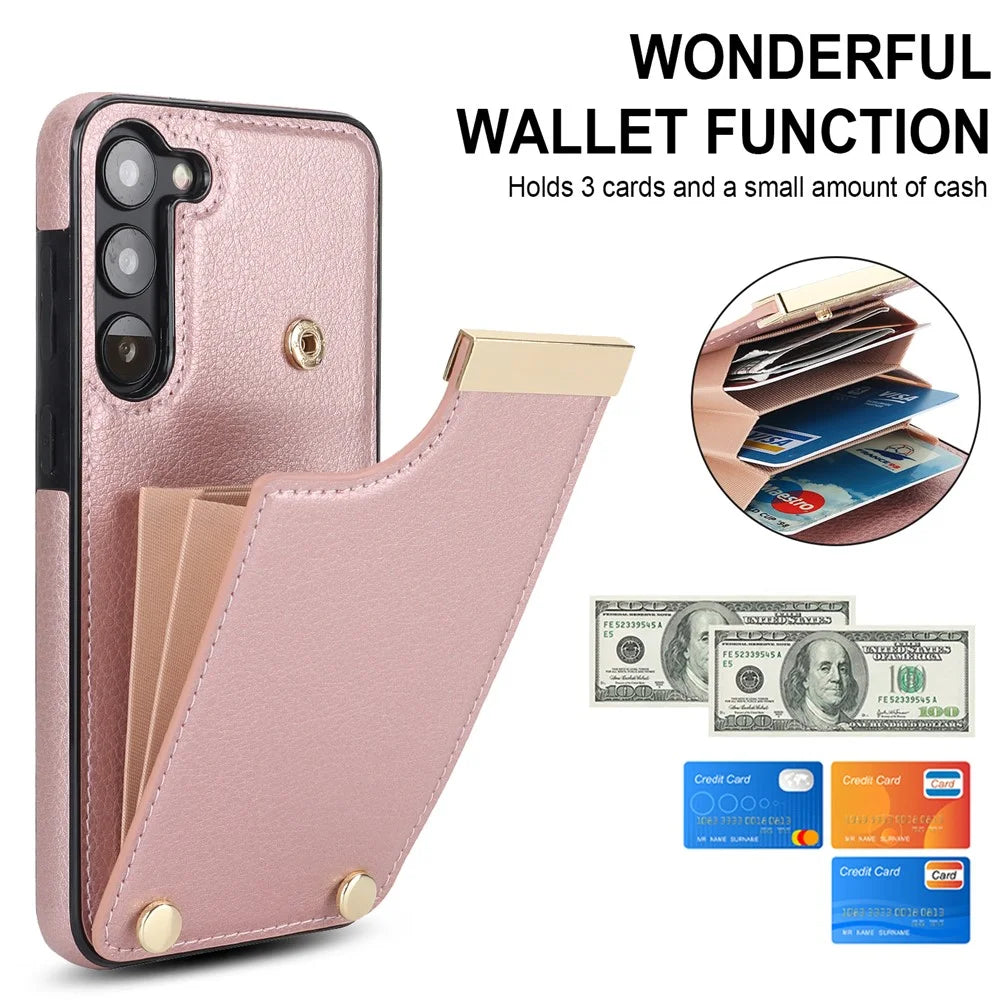 For Samsung Galaxy S23+ Cell Phone Case TPU+PU Leather Card Holder Cover with Hardware Decor - Rose Gold - 5